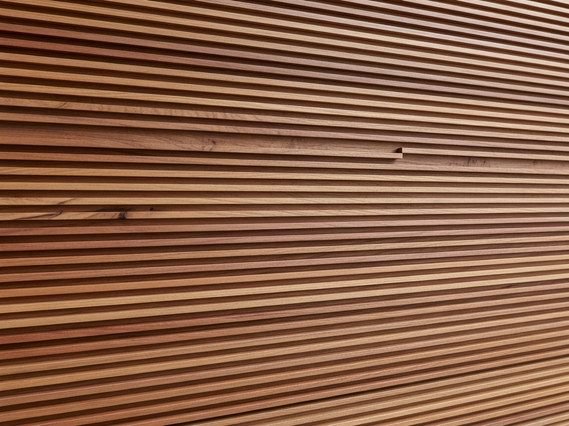 Close up of architectural micro-slatted acoustic timber wall texture