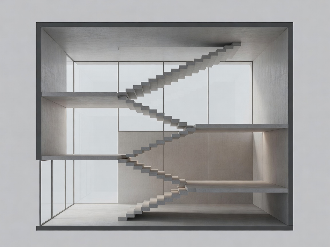 Cross section elevation of a minimalist building with floating staircases